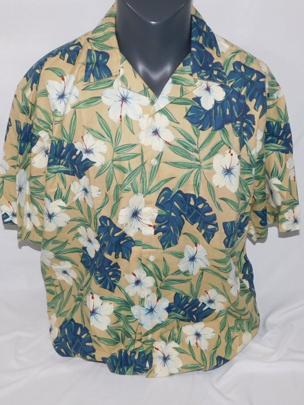 VTG Polo Ralph Lauren Tan Blue Tropical Hibiscus Hawaiian Clayton Shirt Mens L